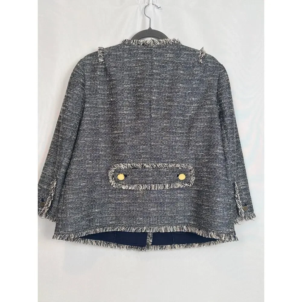 Tory Burch Collarless Tweed Fringe Jacket Navy Gold Sz 14